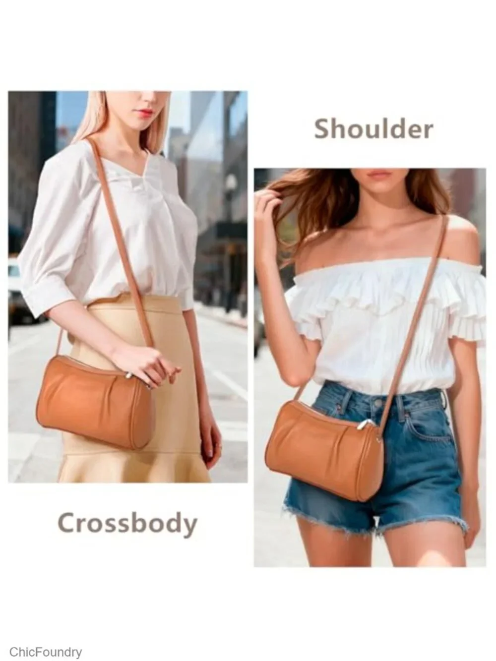 Genuine Leather Small Crossbody Barrel Hobo Purse with Adjustable Strap